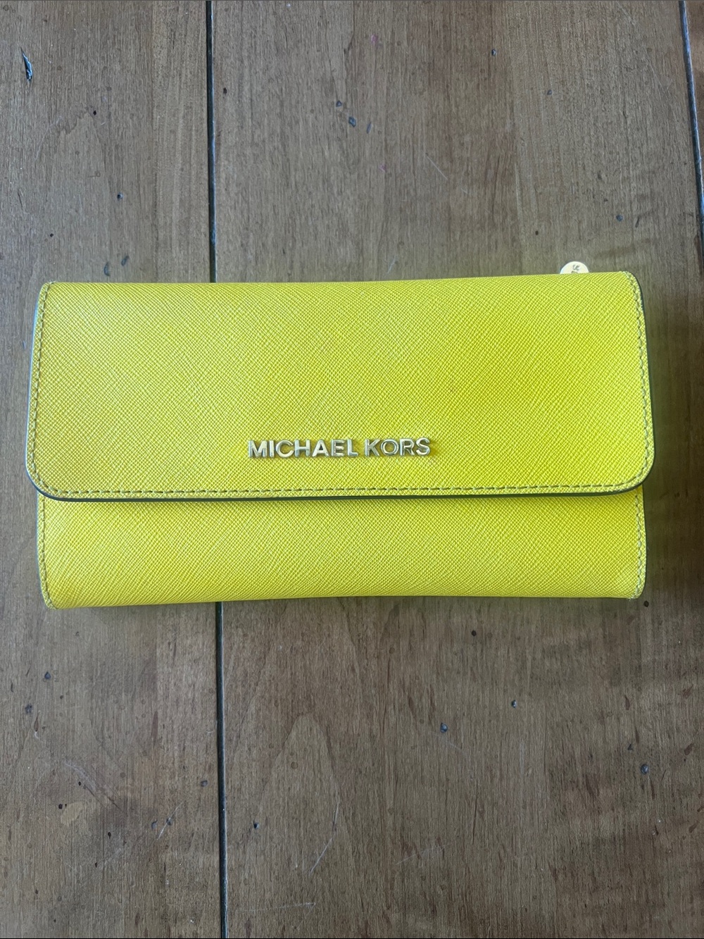 Michael Kors Yellow Saffiano Trifold Long Wallet with Gold Logo